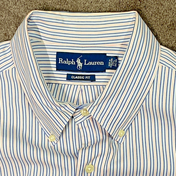 Ralph Lauren Shirt Men 17.5 Classic Fit Cotton 100%Button Down Pink Blue Striped - Picture 5 of 11